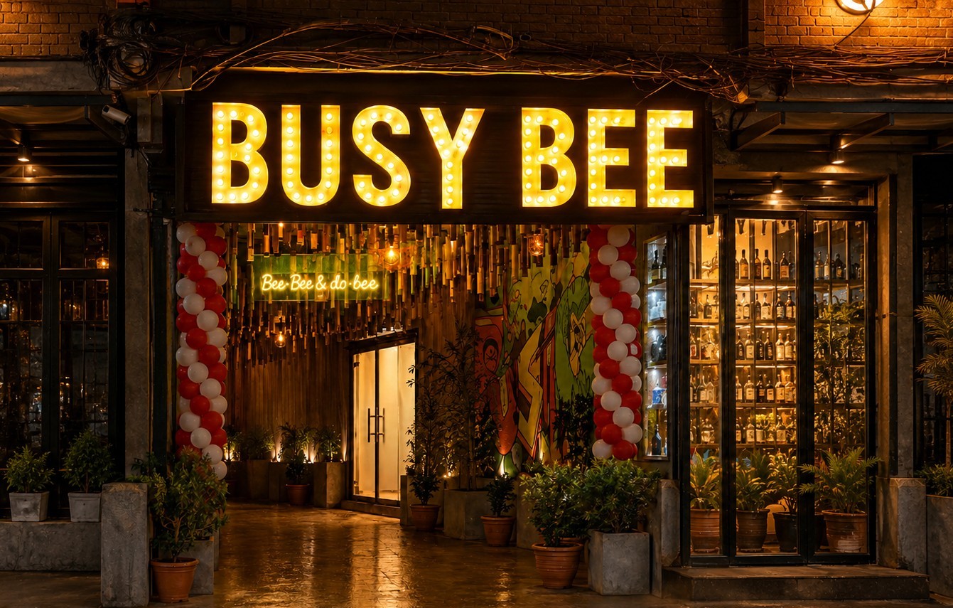 The brick entrance of Busy Bee Café at dusk