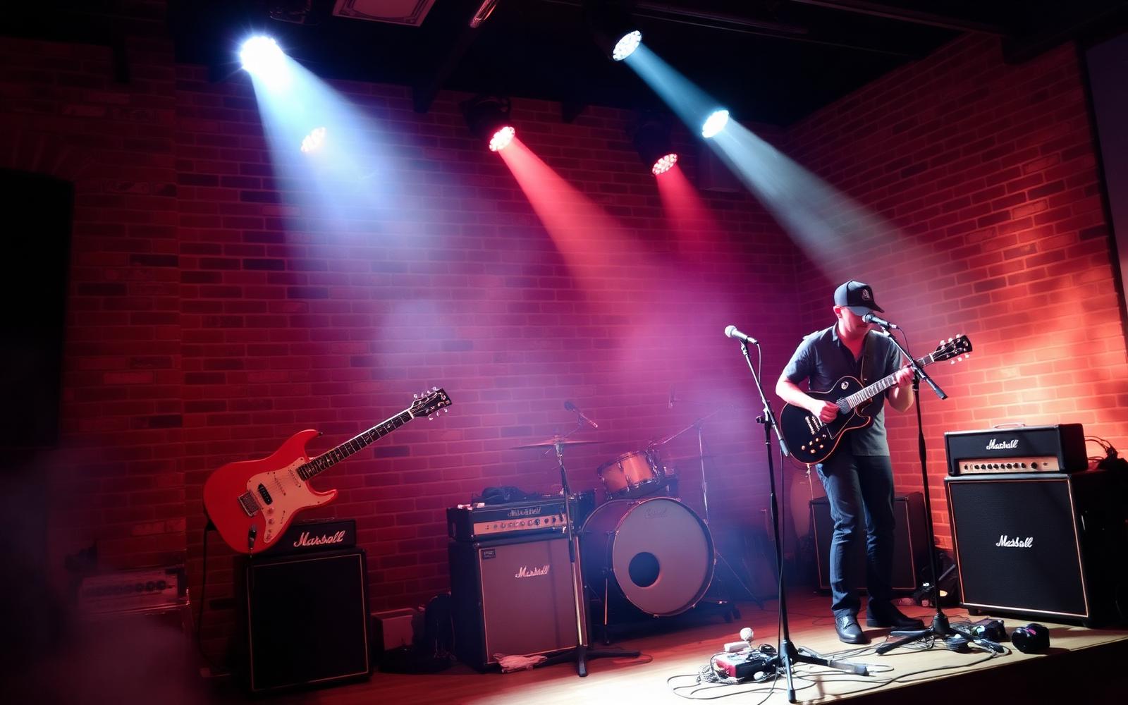A guitarist on the brick-walled stage under red and blue lights
