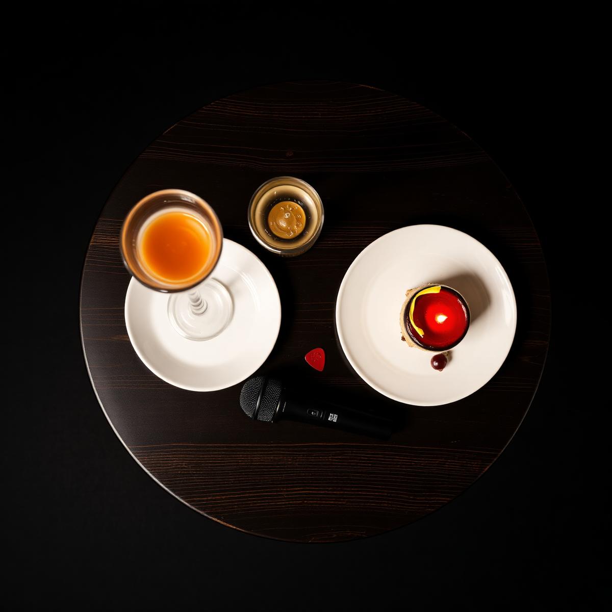A round café table seen from above with a plate, glass, cake and microphone